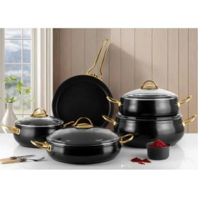 Resim Lines 9 Parça Seramik Güveç Tencere Seti Altın Kulp - 152.4.07.091-SIYAH 