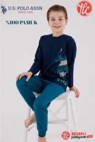 Resim U.s. Polo Assn. Erkek Çocuk Logolu Lacivert %100 Pamuklu Uzun Kollu Paça Lastikli Pijama Takım Lacıvert 