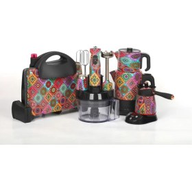 Resim Queen Morocco 4'lü Çeyiz Seti Renkli Desenli Paslanmaz Çelik Tost Makinesi Blender Çay Makinesi 