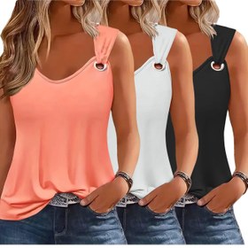 Resim Üçlü Paket Kadın Tank Üstler Yazlık Halter Boyun Bol Kesim Delikli Kolsuz Düz Renk Temel Gömlek 