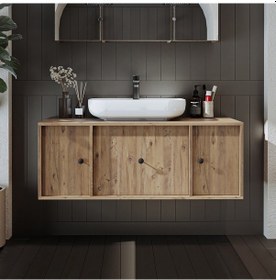 Resim Gusto Ayaksız Oval Lavabolu Mdf 120 Cm Çekmeceli Banyo Dolabı Atl Atlantik Çam 