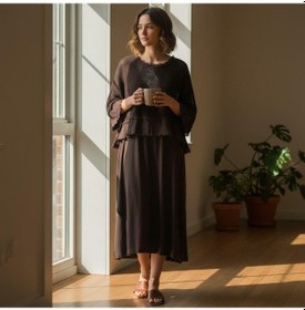 Resim Eren Style İtalyan Saçak Detaylı Müslin Keteni Yırtmaçlı Elbise - Bluz & 2'li Takım Koyu Kahve 