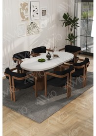 Resim Avvio Arion Serisi Bohem Ayak 6'lı Tokyo Metal Demonte Sandalye 80x160 Masa Sandalye Takımı Beyaz Masa Sandalye Kahve Kumaş Siyah 