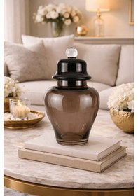 Resim Dekoratif Kahverengi Cam Kavanoz - Cam Kapaklı Küp Şekerlik Kahverengi 