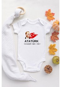 Resim Atatürk 10 Kasım Bebek Body Zıbın Organik Baskılı Bebek Body %100 Pamuklu Beyaz Body Zıbın 