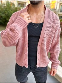 Resim Elku Moda Hırka Triko Örgülü Desenli Örgü Hırka Şal Yaka Tüylenmez Naturel Pamuk Düğmeli Hırka Pembe 