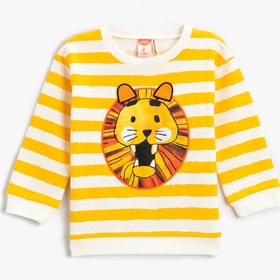 Resim Erkek Bebek Aslan Baskılı Çizgili Sweatshirt Pamuklu 