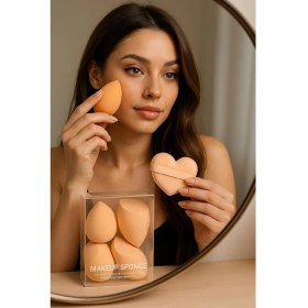 Resim SDT Group Pudra Renk 5 Adet Güzellik Makyaj Süngeri Seti 3 Adet Sünger + 2 Adet Kalpli Pudra Fondöten Bb Krem Uygulama Aparatı Yıkanabilir Sünger -Puff 