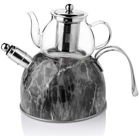 Resim Nishev Mermer Düdüklü Çelik Cam Çaydanlık Takımı Gri Gri 