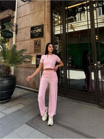 Resim WeShaya Pembe Modal Keten Dokulu Bisiklet Yaka Takım Pembe 
