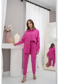 Resim Defymoda Fuşya Klasik Taşlı Keten Takım Takım Fuşya 