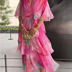 Resim Kadınlar İçin Şık Tie-Dye Maksi Elbise - V Yaka Çiçek Desenli, Pembe & Pastel Tonlar, Bel Bağcıklı, Makinede Yıkanabilir Esnemez Parti ve Resmi Etkinlik Elbisesi, Sevimli Kıyafetler 