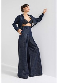 Resim Itsbasic Kadın İndigo Renk 7w5-50 Süper Palazzo Fit Yüksek Bel Özel Tasarım Denim Jean 