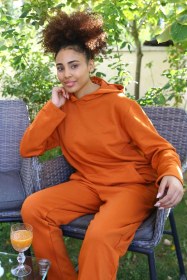 Resim Moda Kadın Pamuk Kapşonlu Cepli 3 İplik Kiremit Eşofman Takım Kiremit 