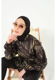 Resim Yaprak Desenli Oversize Tesettür Mayo Siyah 