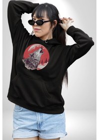 Resim Uluyan Beyaz Kurt Kadın Erkek Siyah Kapüşonlu Sweatshirt Hoodie Siyah 