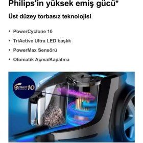 Resim Philips Marathon Otomatik Açılma/kapanma Özellikli Powercyclone 10 Yüksek Emiş Gücü Triactive+ LED Başlıklı Premium Toz Torbasız Süpürge + Turbo Başlık 