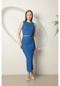 Resim Chıcnhappy Triko Kumaş Croplu Etek Kadın Takım Saks Mavisi - %100 Polyester Saks 