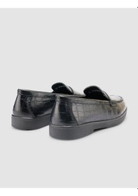 Resim %100 Hakiki Deri Siyah Croco Desen Kadın Loafer Siyah 