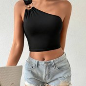 Resim Kadınlar için Y2K tarzı tek omuzlu ruched crop top - Seksi kolsuz siyah V-Neck puf gömlek, ayarlanabilir askılı, rahat veya parti için mükemmel, çok yönlü üst | Kneck Tasarımı | Polyester Blen 