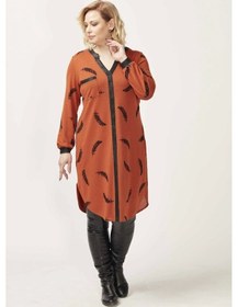 Resim 1956 Tarçın Tüy Desenli Uzun Kollu Esnek Büyük Beden Triko Elbise Tarçın 