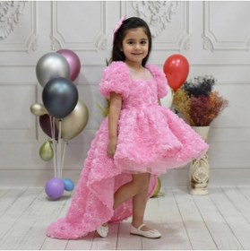 Resim ELLUSSİ Kız Çocuk Pembe Gül Desenli Kuyruklu Kısa Kol Elbise Abiye 