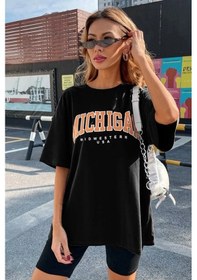 Resim Kadın Örme Michigan Basklı Siyah %100 Pamuk T-shirt. Siyah 