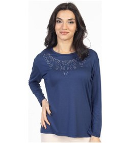 Resim Yeni Model Taş İşlemeli Yuvarlak Yaka Likralı Anne Penye Bluz 6420-indigo İndigo 