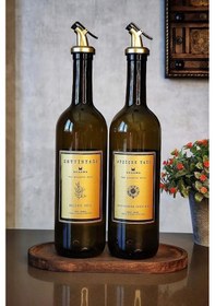 Resim Khakma Ahşap Standlı Zeytinyağı Sıvıyağ Şişesi Yağdanlık 2'li Amber - Gold 750 ML 