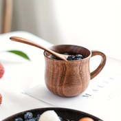 Resim 2 Adet Japon Esintili Ahşap Çay Fincanı ve Kaşık Seti, İzole Kurşunsuz Servis Kupası, Sadece Elde Yıkama, Bitki Teması, Çizgili Desen, Yuvarlak Şekil, Ev Kullanımı İçin Yeniden Kullanılabilir 
