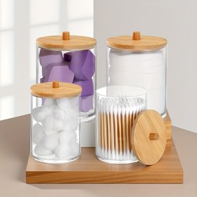 Resim Ahşap Kapaklı 1 Akrilik Yuvarlak Şeffaf Saklama Kavanozu - Kalemler, Pudra Ponponları ve Küçük Eşyalar İçin Uygun - Temel Ev Düzenleyici - 9.8cm x 7cm - Modern Minimalist Tasarım 