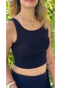 Resim Kadın Siyah Basic Ribana Atlet Crop Likralı Spor Üst Siyah 