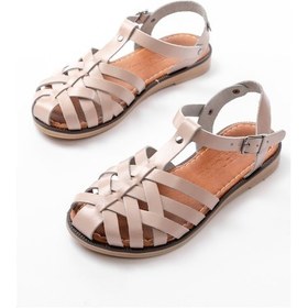 Resim 205-02 Bej Ortopedik Hakiki Deri Kadın Sandalet Altın - Taba 