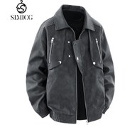 Resim Moda Retro Rahat Çok Yönlü Bol Erkek Deri Ceket Koyu Gri 