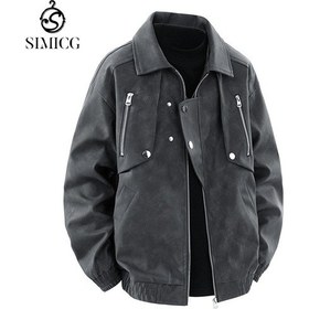 Resim Moda Retro Rahat Çok Yönlü Bol Erkek Deri Ceket Koyu Gri 