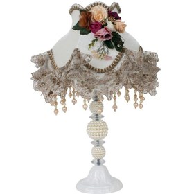 Resim Dekovien Kadife Kaplı Çiçek Dekorlu Abajur Ekru Vizon Beyaz 