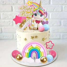 Resim Tek boynuzlu at ve gökkuşağı pasta süsü seti - Düğünler, doğum günleri, yıldönümleri, evrensel kutlamalar için PVC pasta süsleme seti - Yıldızlar, balonlar, mutlu yıllar afişi ile elektriksiz büyülü parti malzemeleri - Çeşitli tatiller için uygundur (Noel, Hanuka, Yeni Yıl) - Tüysüz 
