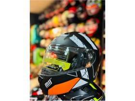 Resim MTS 966 Fc5 Mat Black Çene Açılır Güneş Vizörlü Motosiklet Kaskı (Siyah-Beyaz Turuncu) 