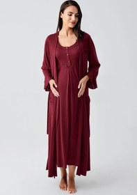 Resim Kısa Kollu Esnek Viskoz Hamile Sabahlık Gecelik Takım 12401 - Bordo / M 