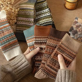 Resim 5 Çift Vintage İlhamlı Etnik Desen Kadın Çorap, Polyester %95 Spandex %5, Örgü, Rahat Ilık Orta Topuk Uzunluğu, Makine Yıkamalı 