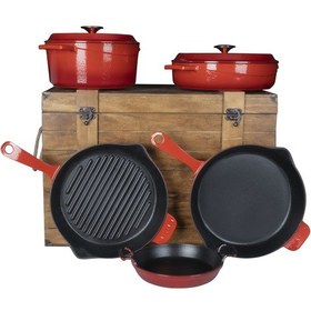 Resim Lava Naturel Ahşap Sandıklı Kırmızı Döküm Çeyiz Seti 8'li 