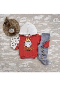 Resim Kız Çocuk Kapüşonlu Princess Meow Baskılı 3 Ip Eşofman Takımı Nar Çiçeği 