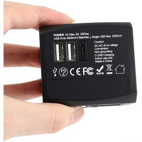 Resim Yaozixa Siyah Seyahat Evrensel Adaptörü - 2 Usb + Type-c Çevirici, Taşınabilir, 100-250v, 6a, 1200w 