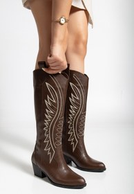Resim ŞIK STORE Ashton Nakışlı Western Uzun Dizaltı Kovboy Kadın Kahverengi Cilt Bot Çizme 