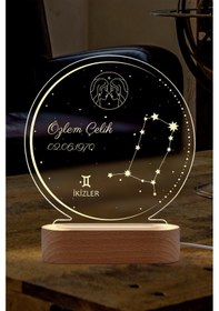 Resim Astroloji Burç Temalı Kişiye Özel Led Gece Lambası Masif Ahşap Tabanlı Usb Kablolu Pleksi Led Gece Lambası 