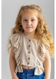 Resim Oliventhekid Bej Naturel Keten Önden Düğmeli Kolları Ve Beli Fırfırlı Kız Çocuk Bluz Bej Bej 