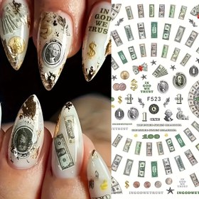 Resim 3D Dolar Nail Art Çıkartmaları ve Çıkartmaları - Kendinden Yapışkanlı Plastik Para Tasarımlı Parıltılı Kaplamalı Tırnak Çıkartmaları, Karikatür Desenli, Fantezi Temalı, Tırnak Süslemesi için Düzensiz Şekil (Tek Kullanımlık) 
