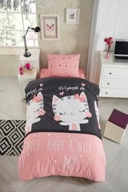 Resim Çarşafı Lastikli Doğal Sağlıklı Pamuk Kedili Siyah/Pembe Tek Kişilik Çocuk Nevresim Takımı, Pembe/Siyah 