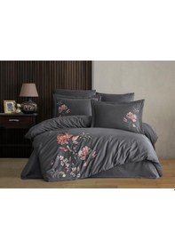 Resim İmpero Nakışlı %100 Pamuk Saten Çift Kişilik Nevresim Takımı Antrasit Antrasit 