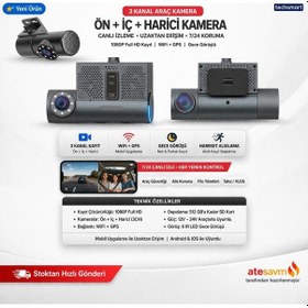 Resim Techsmart 3 Kanal Araç Kamera Ön + İç + Harici 1080p Full Hd Wifi Gps Gece Görüşlü Dash Cam 